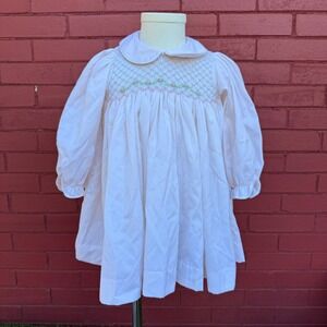 Vtg Luli & Me Smocked Dress Pink Floral Embroidery Long Sleeve Infant Size 24M
